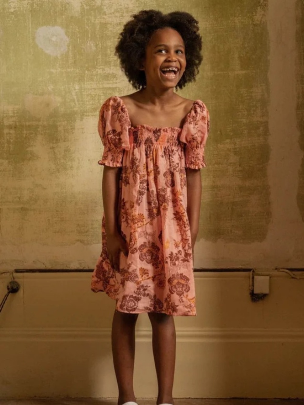 Girls' Dusty Pink Floral Puff-Sleeve Casual Dress